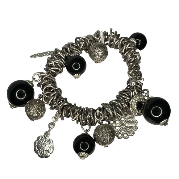 Vintage Beaded Bracelet Black Silver Tone Metal Chain Link Plastic Metal Beads - Picture 1 of 2